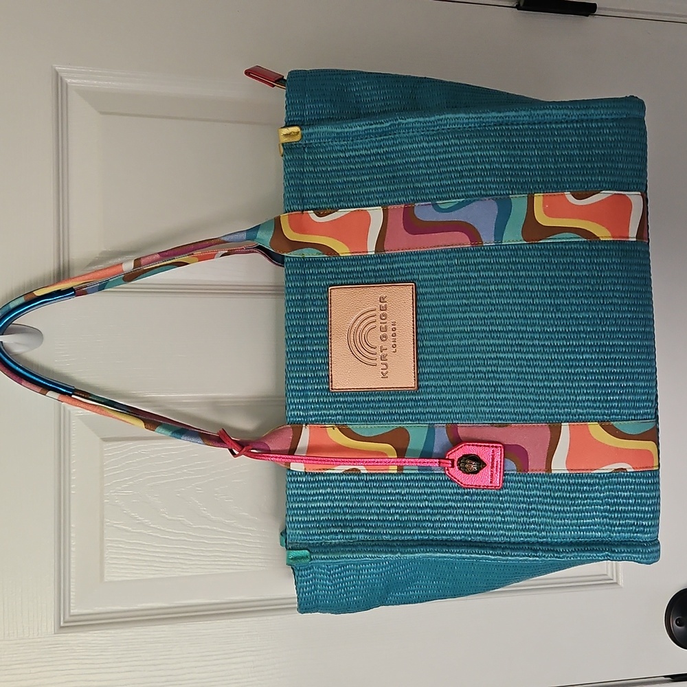 NEW Kurt Geiger Large Southbank Zip Top Raffia Beach/Shopper: Blue/multi Swirl